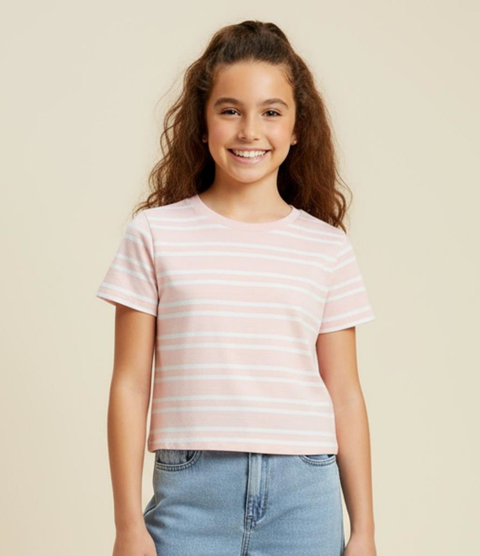 Camiseta Infantil Seamless com Estampa Listrada - Tam 5 a 14 Anos Rosa/Branco 1