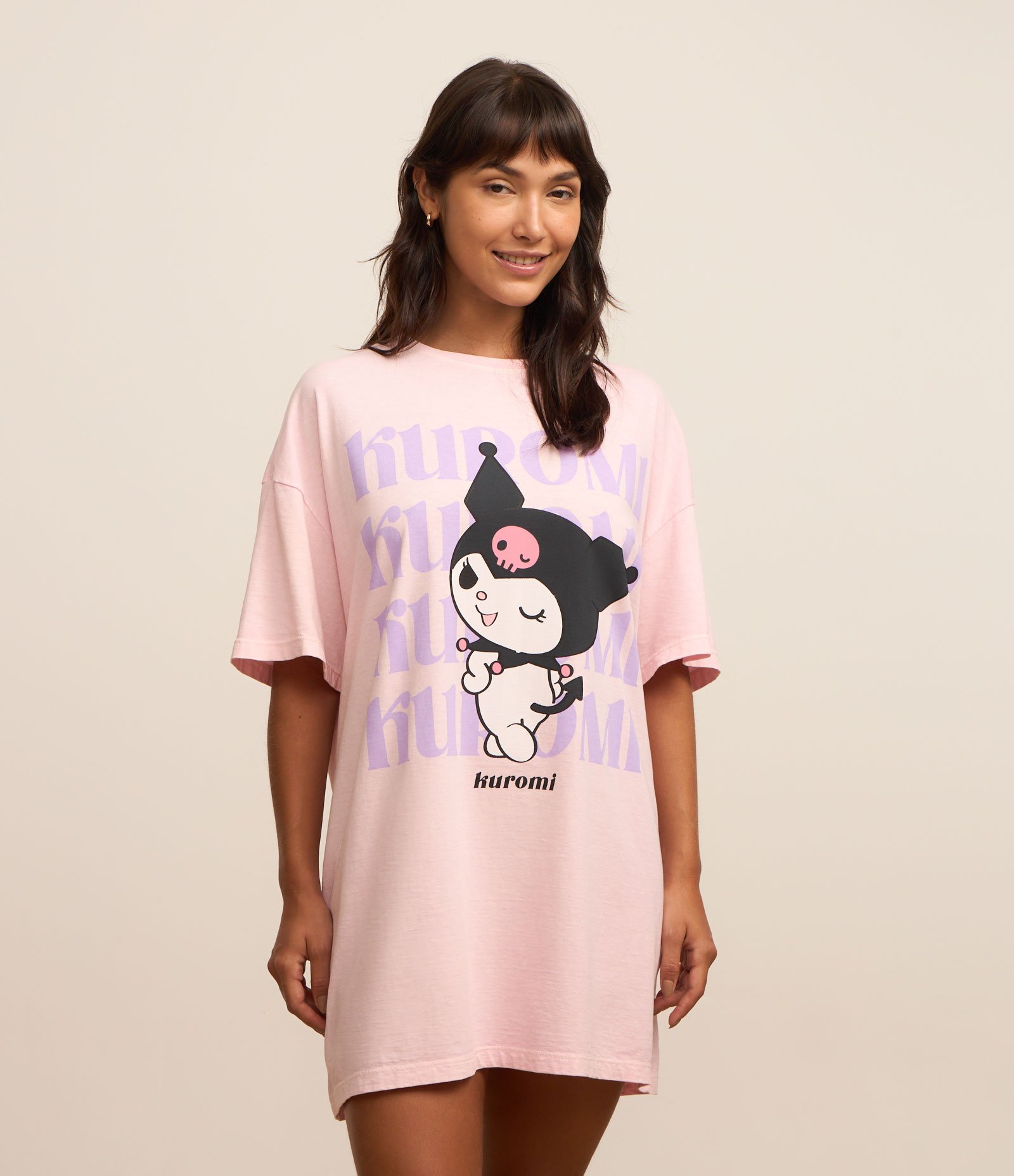 Camisola Curta em Algodão com Estampa Kuromi Rosa 1