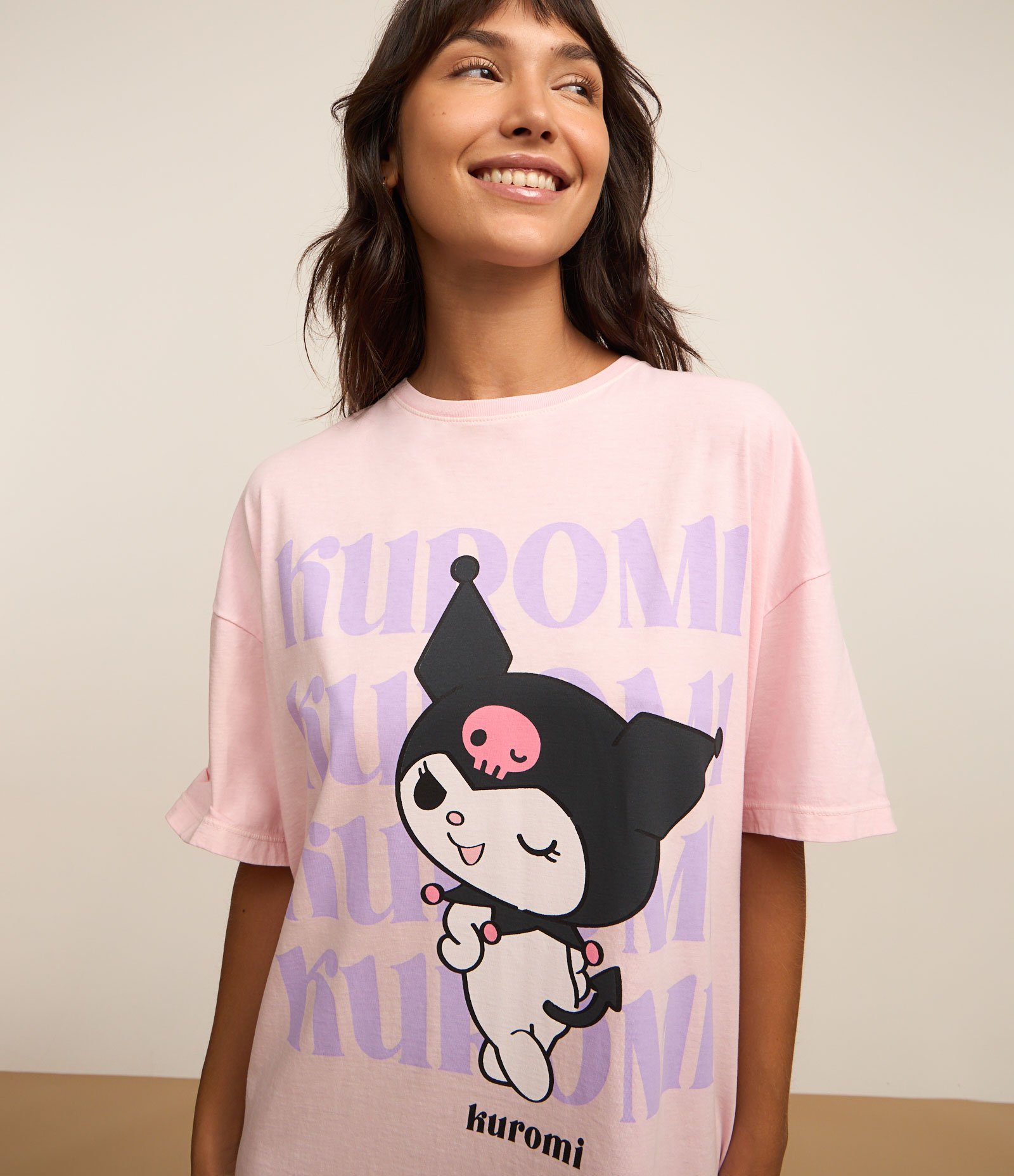 Camisola Curta em Algodão com Estampa Kuromi Rosa 2