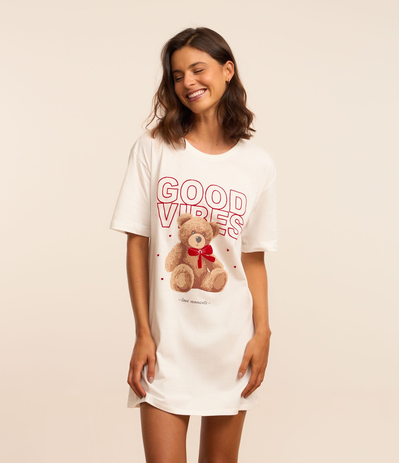 Camisola T-Shirt em Algodão com Estampa Ursinho Good Vibes Branco 1