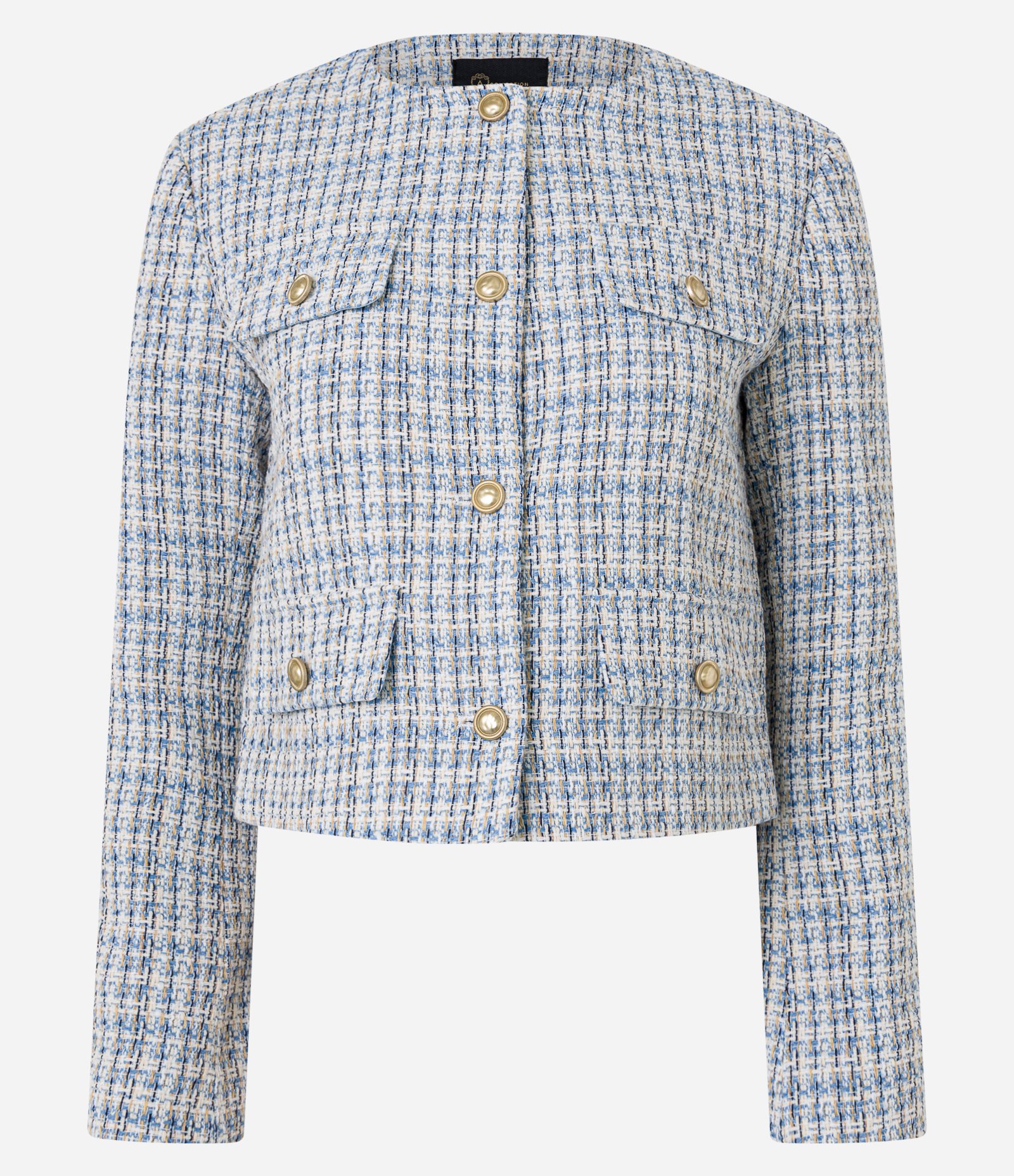 Casaqueto em Tweed Xadrez com Lapelas Abotoadas Azul 9