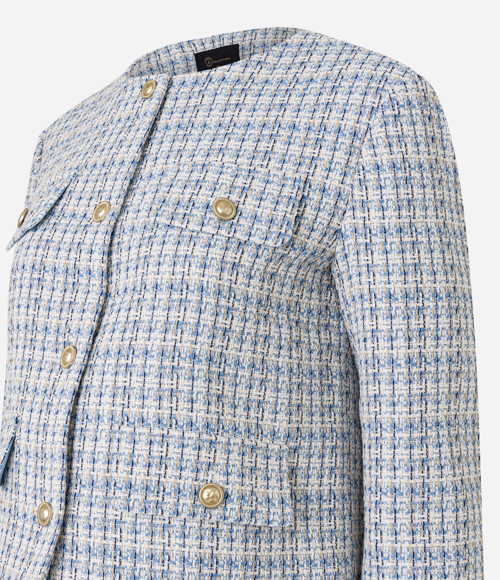 Casaqueto em Tweed Xadrez com Lapelas Abotoadas Azul 10