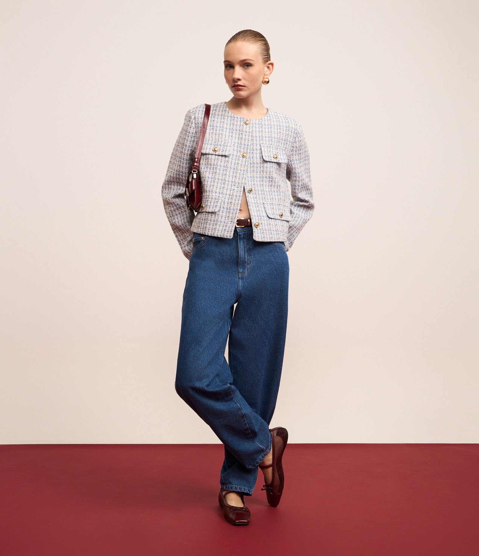 Casaqueto em Tweed Xadrez com Lapelas Abotoadas Azul 3