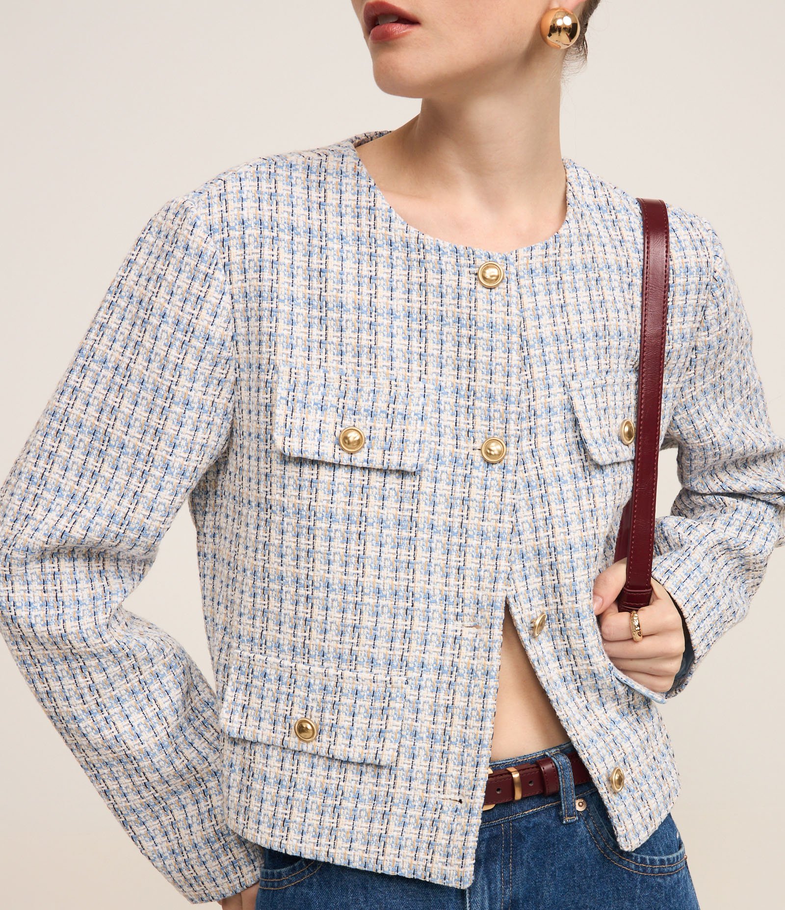 Casaqueto em Tweed Xadrez com Lapelas Abotoadas Azul 4