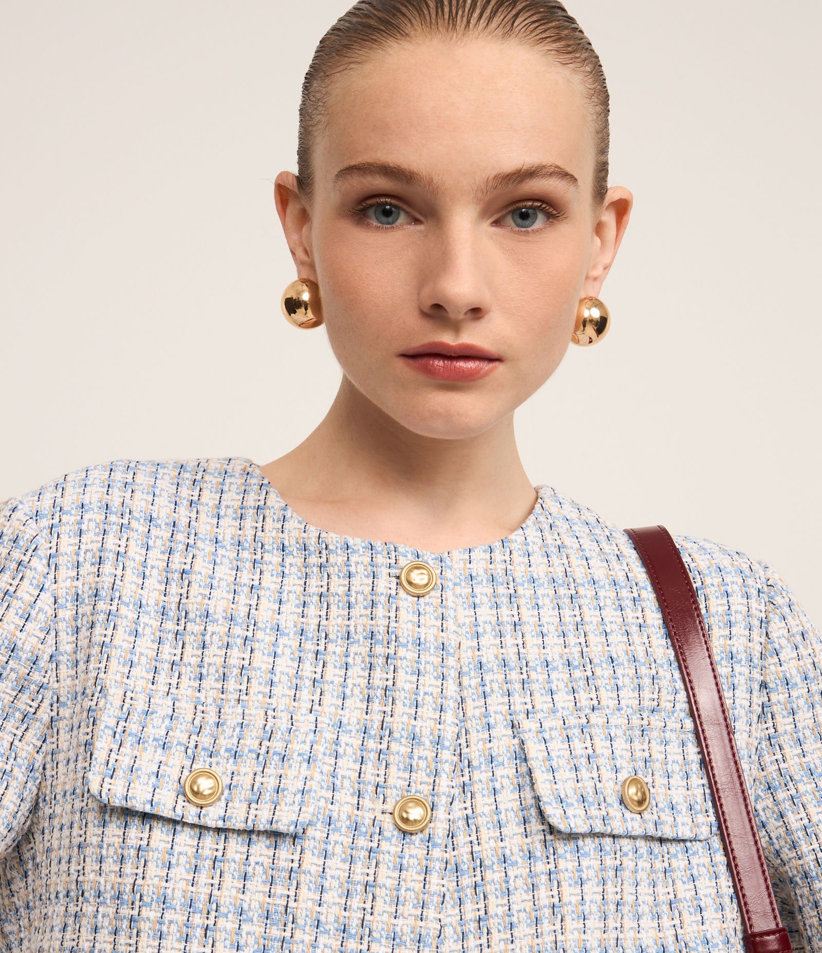 Casaqueto em Tweed Xadrez com Lapelas Abotoadas Azul 5