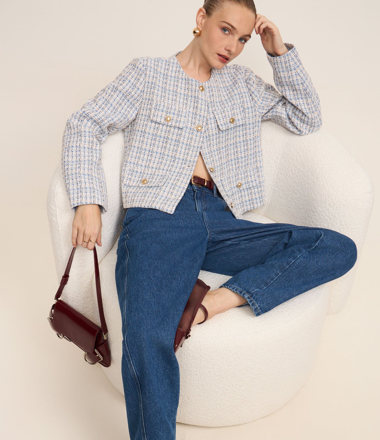 Casaqueto em Tweed Xadrez com Lapelas Abotoadas Azul 6