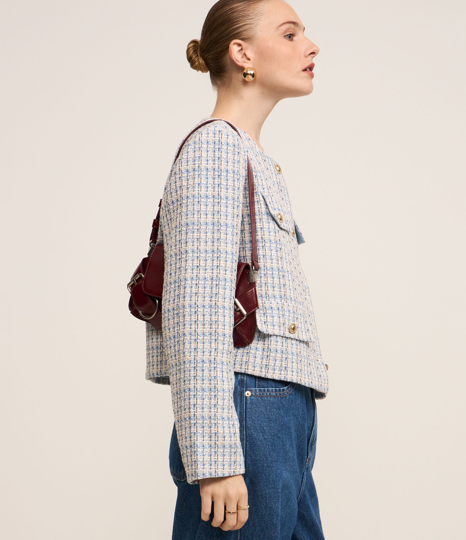 Casaqueto em Tweed Xadrez com Lapelas Abotoadas Azul 8