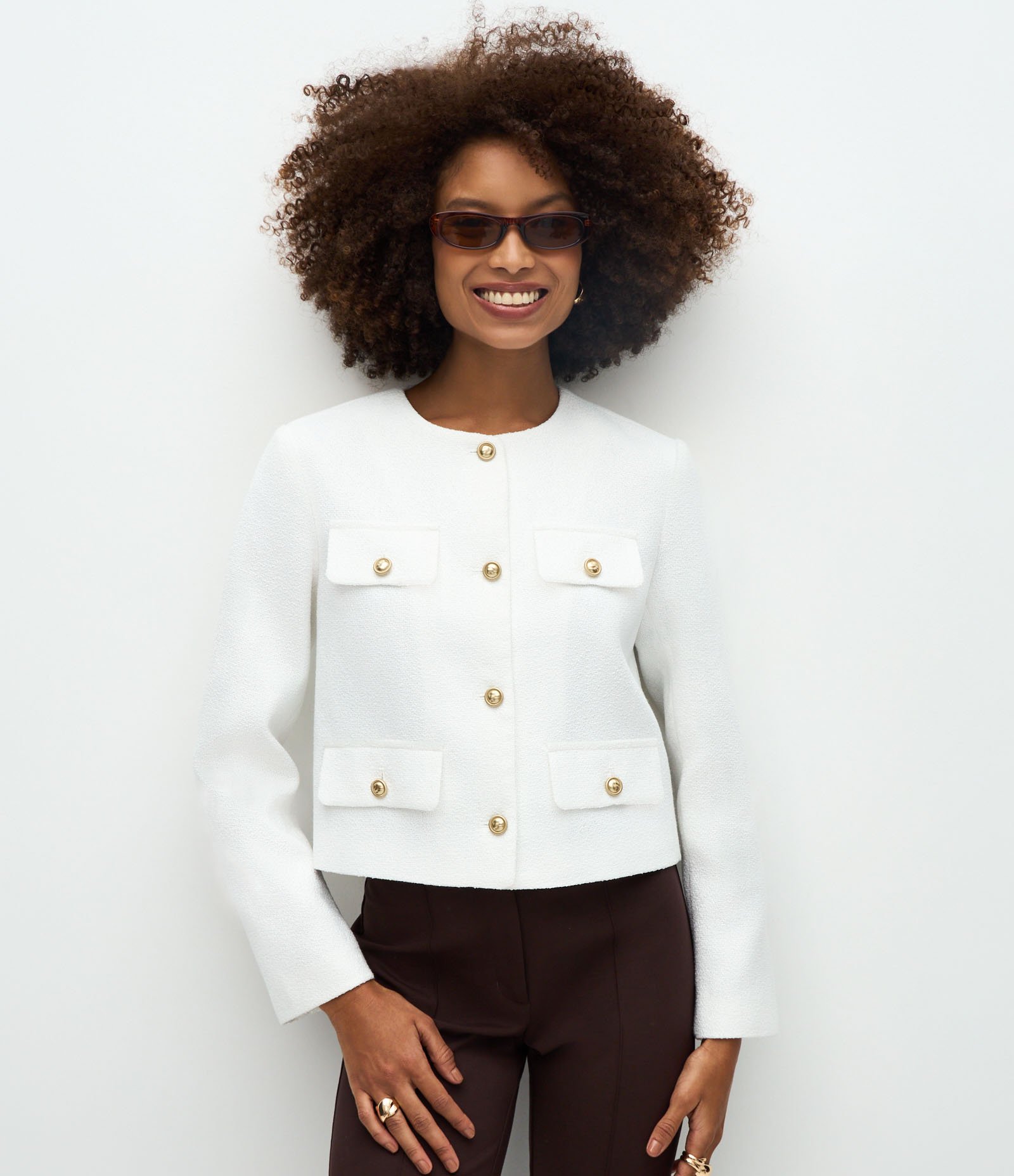 Casaqueto em Tweed com Botões Metalizados e Lapelas Branco 1