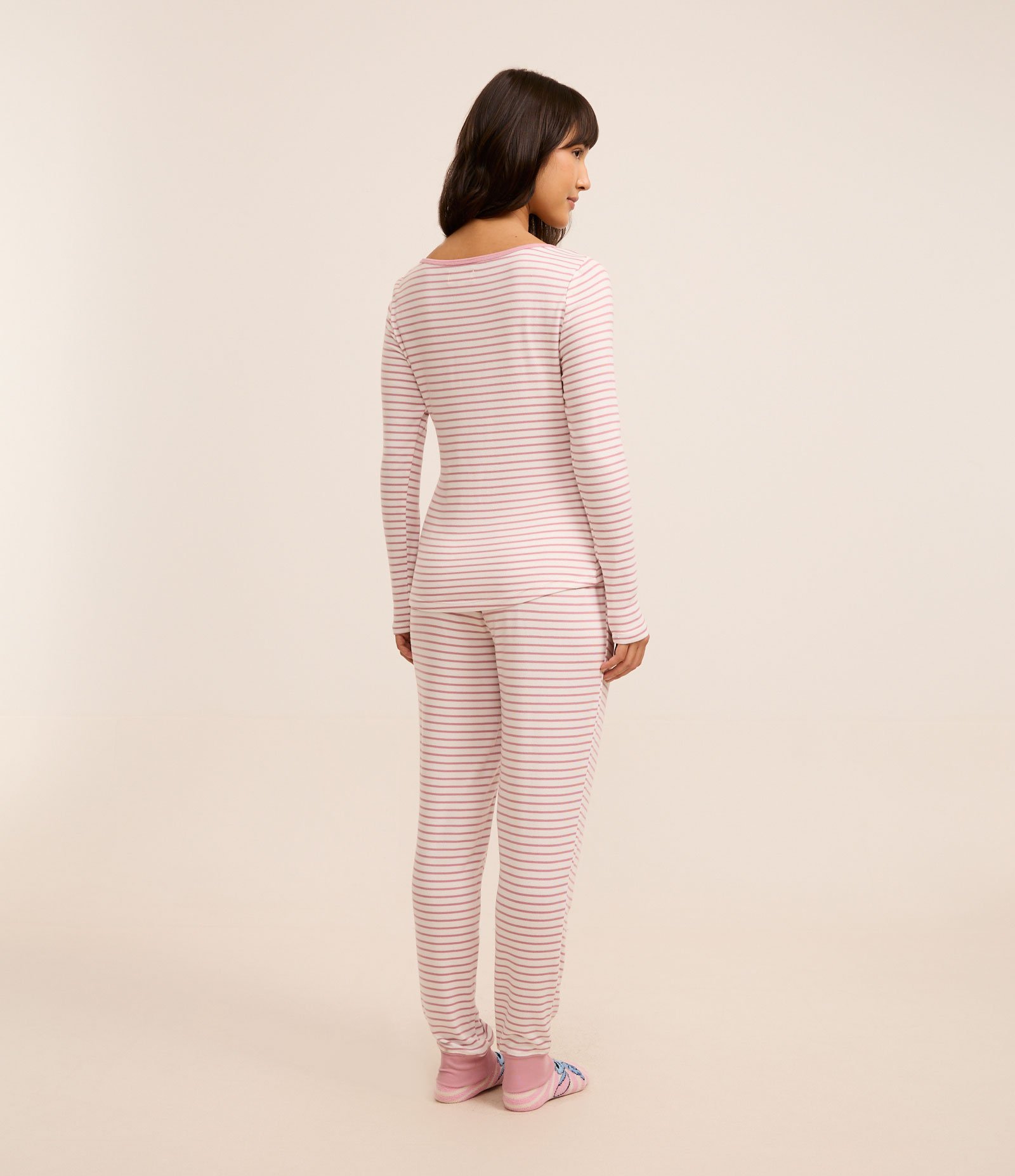 Pijama Longo em Tricô com Botões e Estampa Listrada Rosa 2