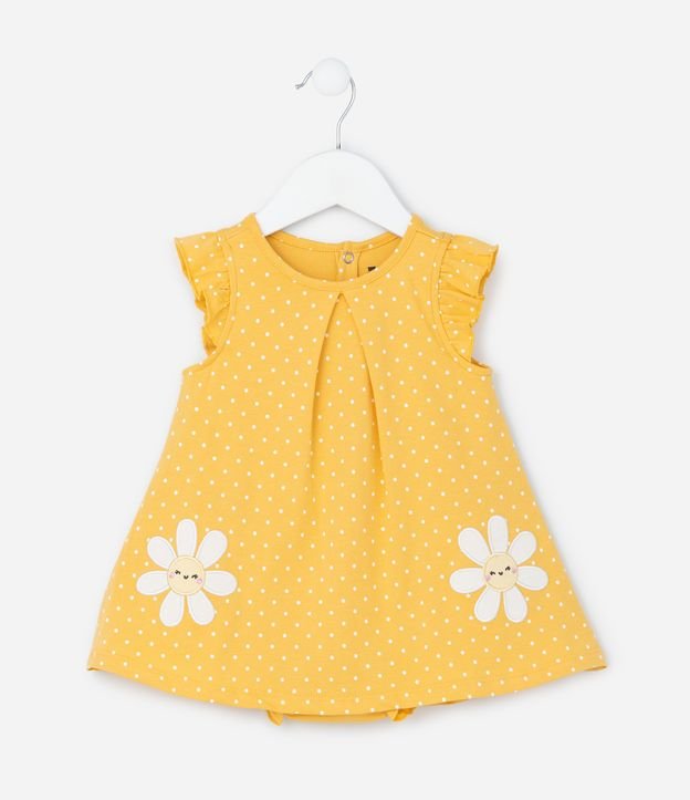 Vestido Body Infantil com Estampa Poá e Bordado de Margarida - Tam 0 a 18 meses