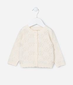 Cardigan Infantil com Efeito Tricô de Flores Ponto Aberto - Tam RN a 18 Meses