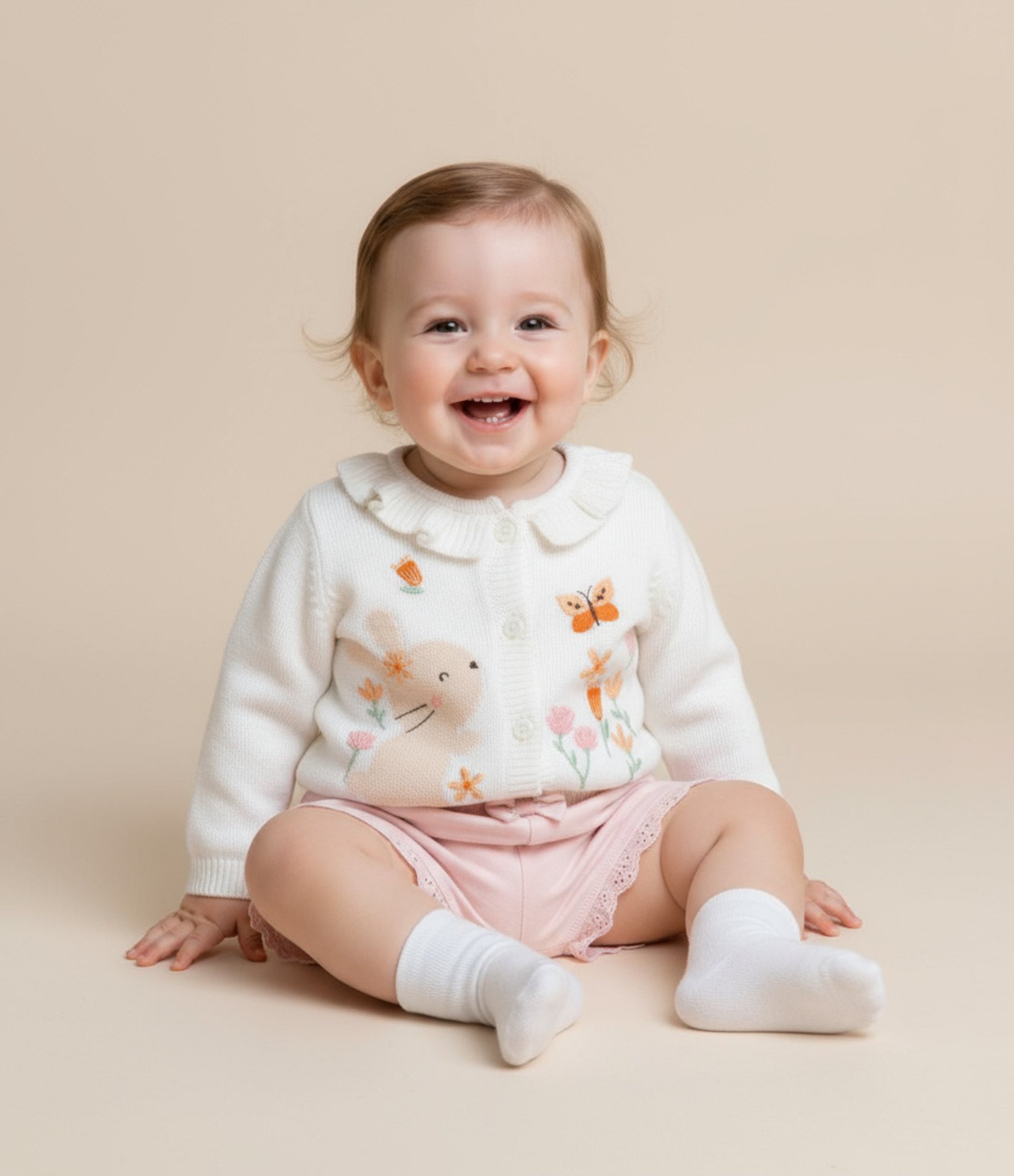 Cardigan Ifantil com Babado e Bordado Coelho - Tam RN a 18 meses Branco 1