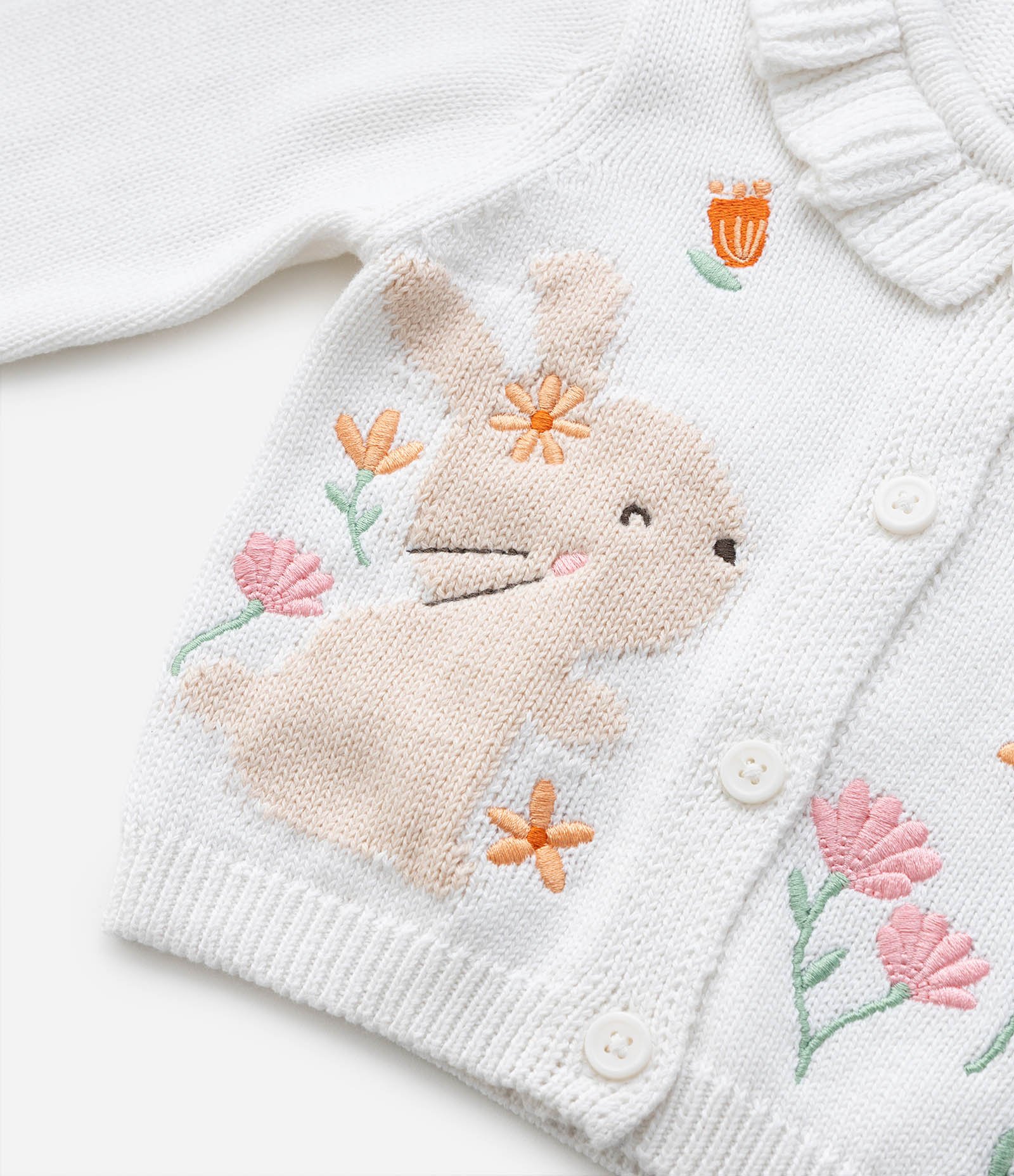 Cardigan Ifantil com Babado e Bordado Coelho - Tam RN a 18 meses Branco 8