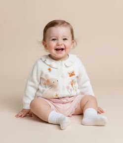 Cardigan Ifantil com Babado e Bordado Coelho - Tam RN a 18 meses