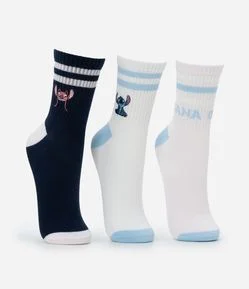 Kit 03 Meias Cano Médio em Algodão com Bordado Stitch e Angel