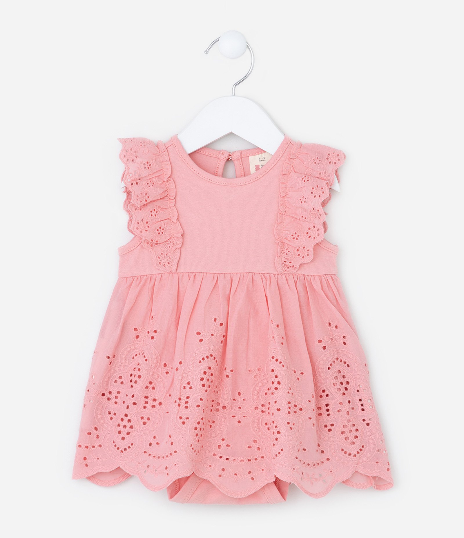 Vestido Body Infantil com Babado Broderie - Tam 0 a 18 meses Rosa 3