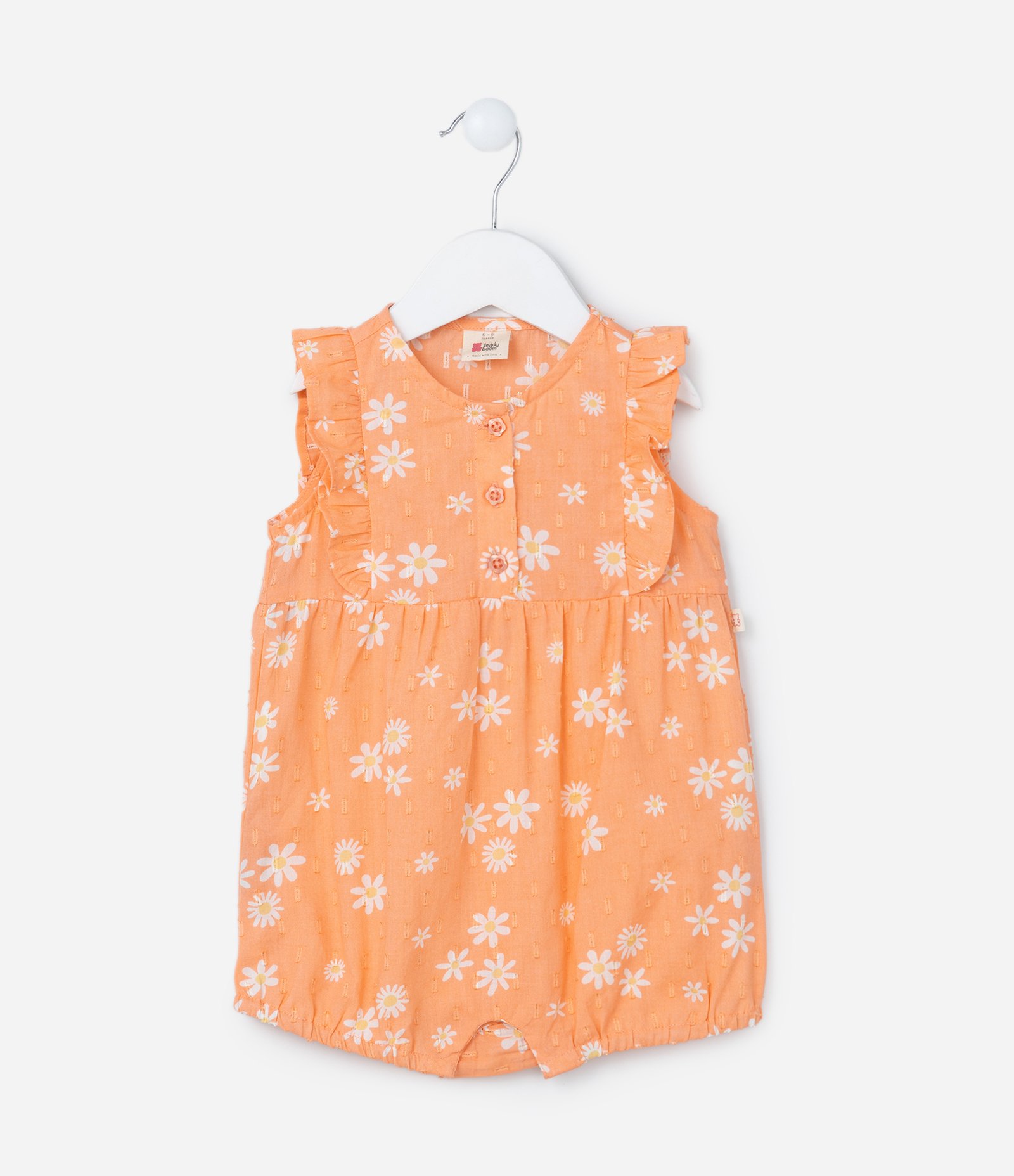 Macaquinho Infantil em Tricoline Floral com Babados - Tam 0 a 18 meses Laranja 2