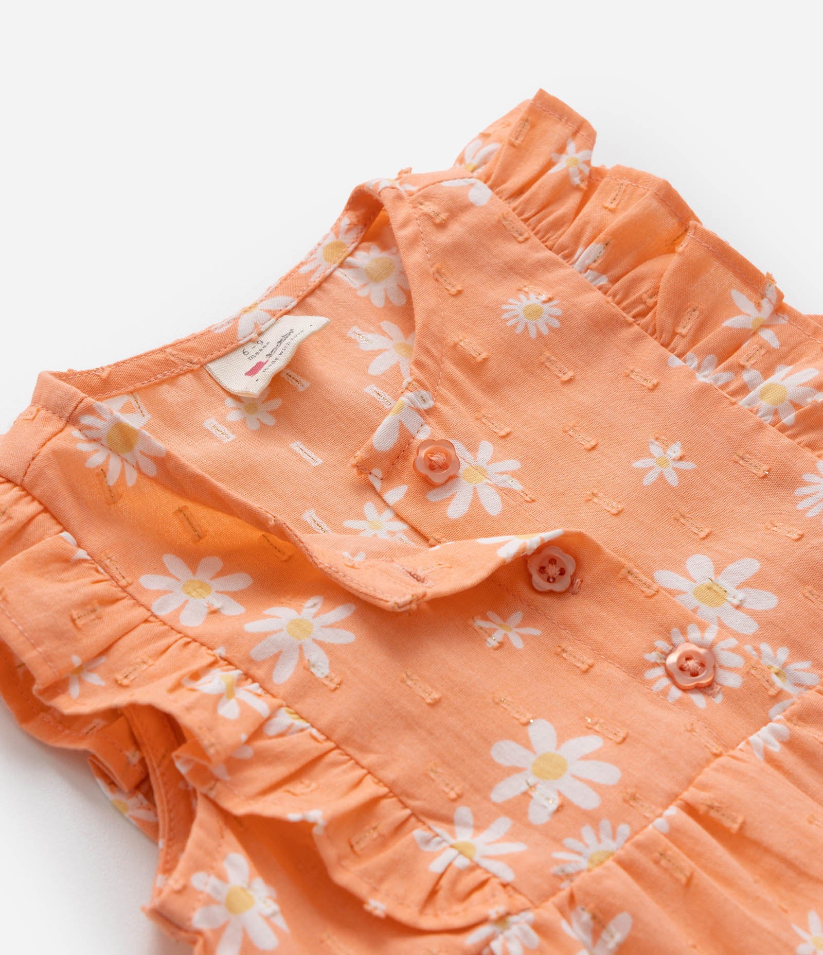 Macaquinho Infantil em Tricoline Floral com Babados - Tam 0 a 18 meses Laranja 7