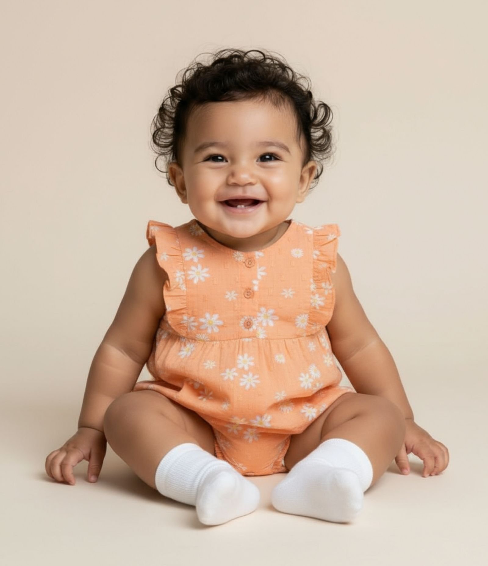 Macaquinho Infantil em Tricoline Floral com Babados - Tam 0 a 18 meses Laranja 1