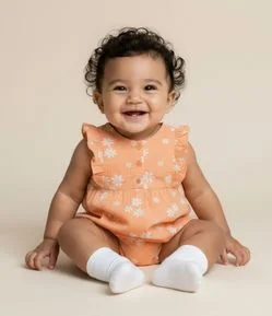 Macaquinho Infantil em Tricoline Floral com Babados - Tam 0 a 18 meses