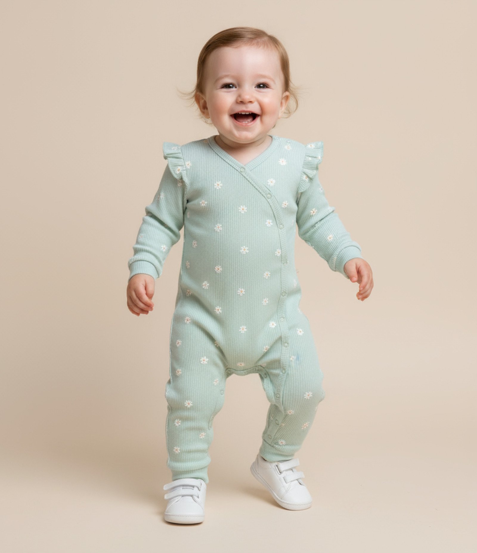 Macacão Infantil Canelado com Babadinhos - Tam RN a 18 meses Verde 1