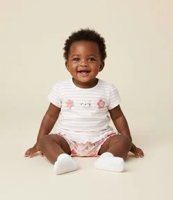 Conjunto Infantil com Estampa de Listras e Flores - Tam 0 a 18 Meses