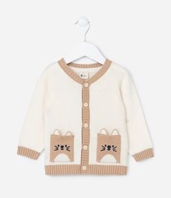 Cardigan Infantil com Bolsos Carinha de Bichinhos - Tam 0 a 18 meses