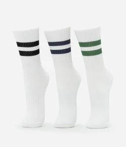 Kit 03 Meias Cano Alto em Algodão Canelado e Listrado