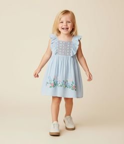 Vestido Infantil com Babado e Bordado Floral - Tam 1 a 6 Anos