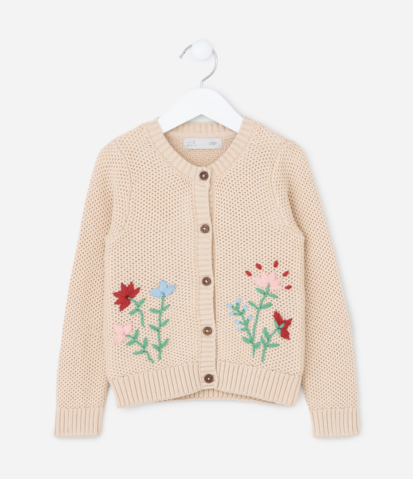 Suéter Infantil em Tricô com Bordado Florzinhas - Tam 1 a 6 Anos Bege 2