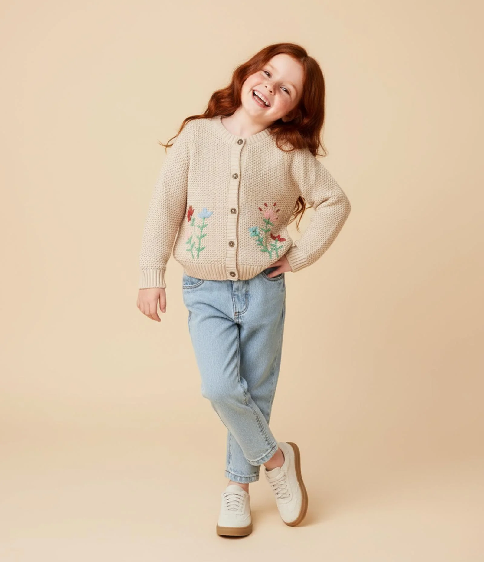 Suéter Infantil em Tricô com Bordado Florzinhas - Tam 1 a 6 Anos Bege 1