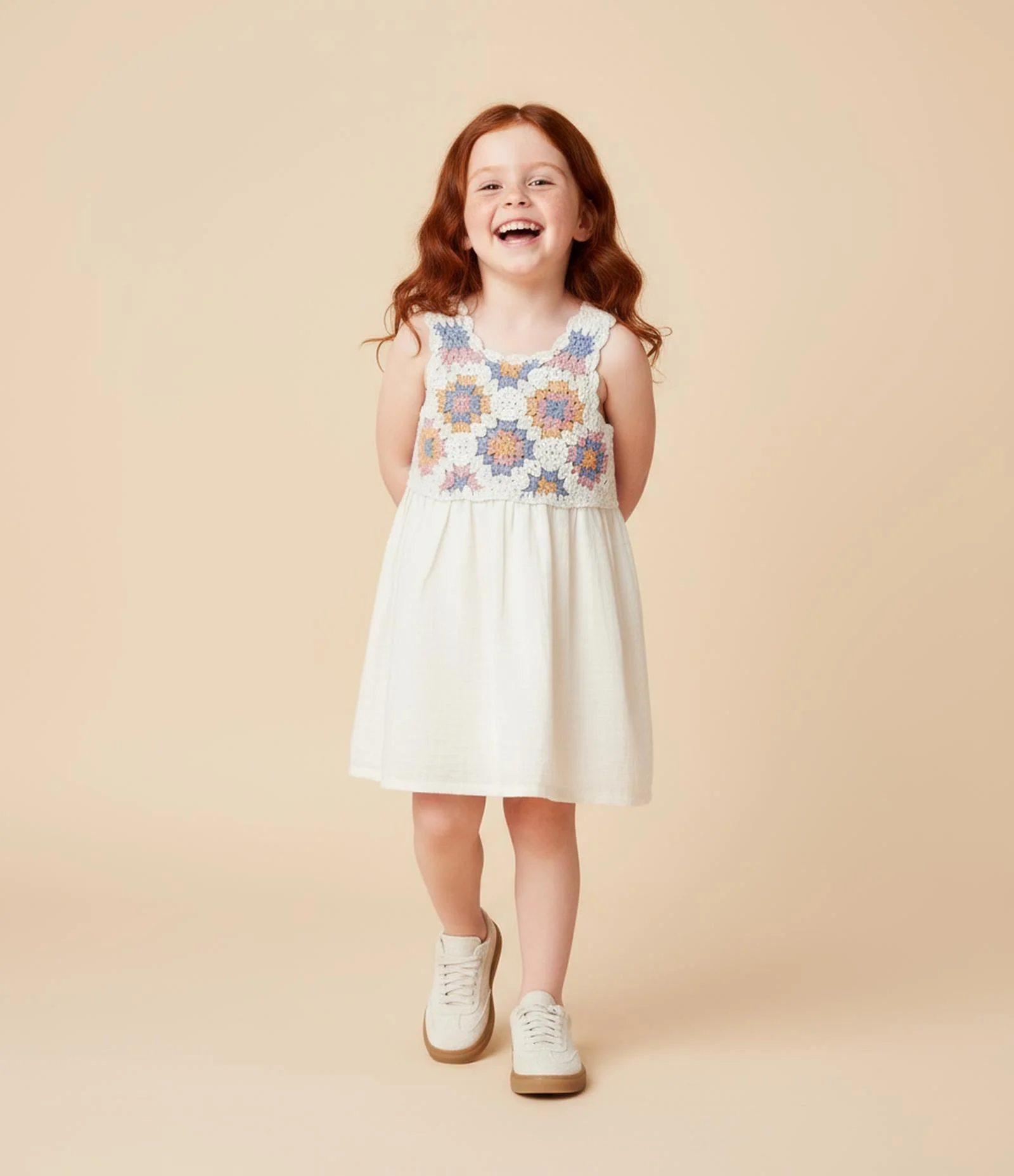 Vestido Infantil com Busto de Efeito Crochê - Tam 1 a 6 Anos Bege 1