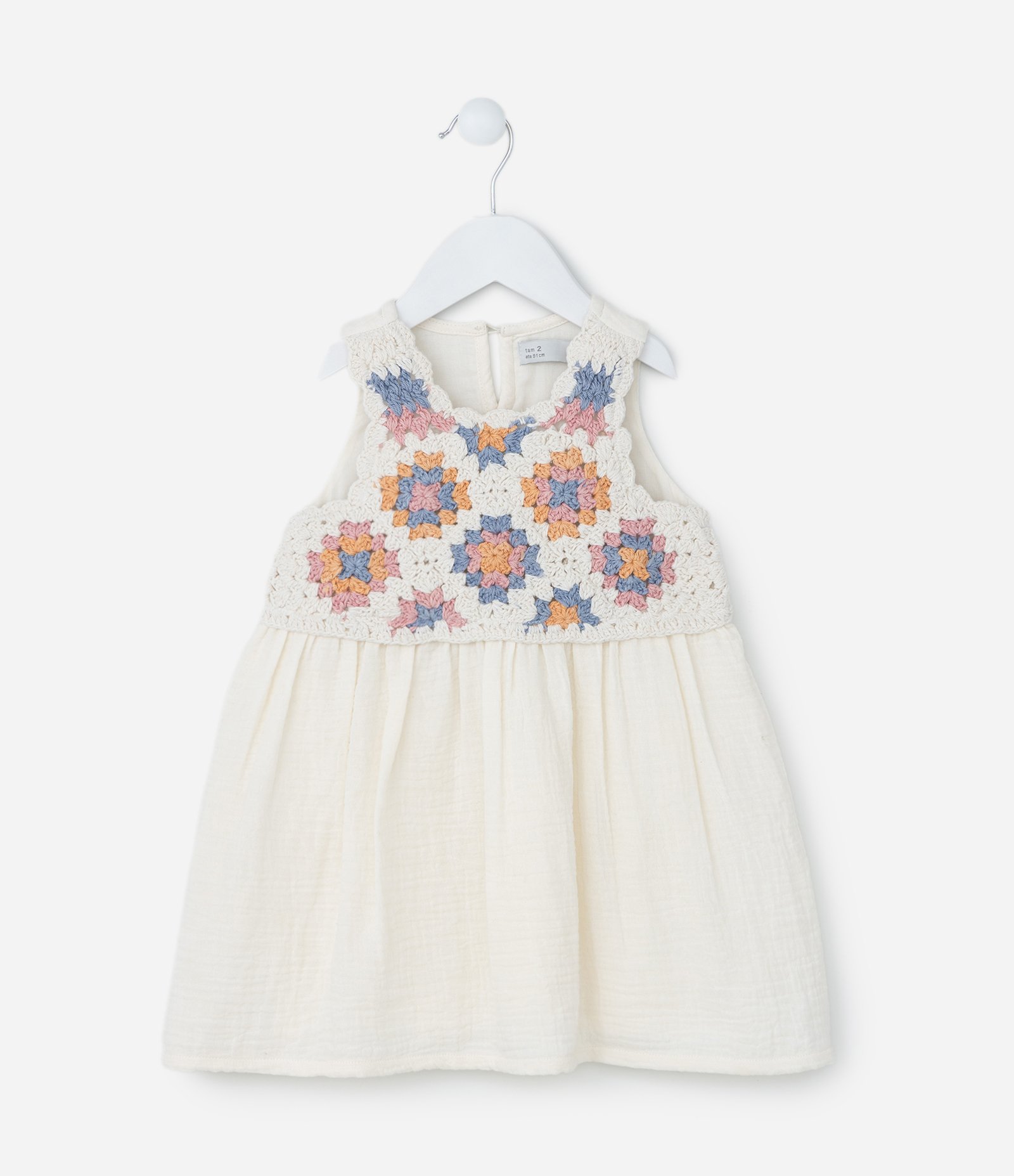Vestido Infantil com Busto de Efeito Crochê - Tam 1 a 6 Anos Bege 2