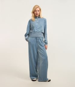 Calça Wide Leg em com Amarração no Cós e Listra Lateral