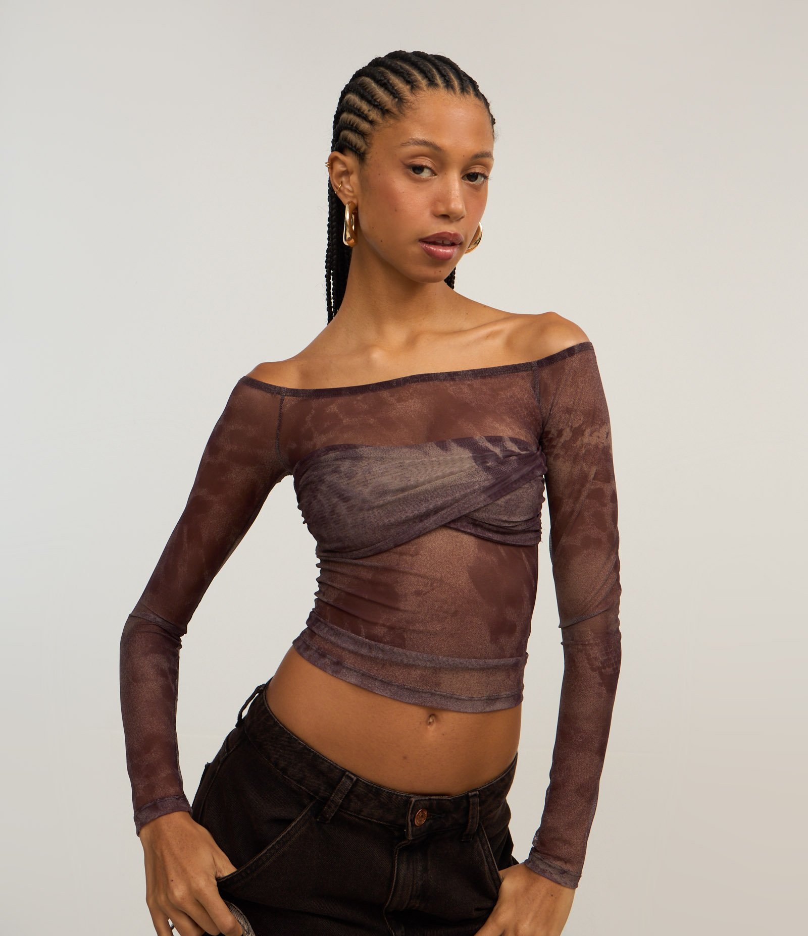 Blusa em Tule Animal Print e Detalhe Torcido Marrom 1