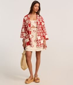Kimono Alongado em Viscose com Estampa Quadriculada de Solzinhos