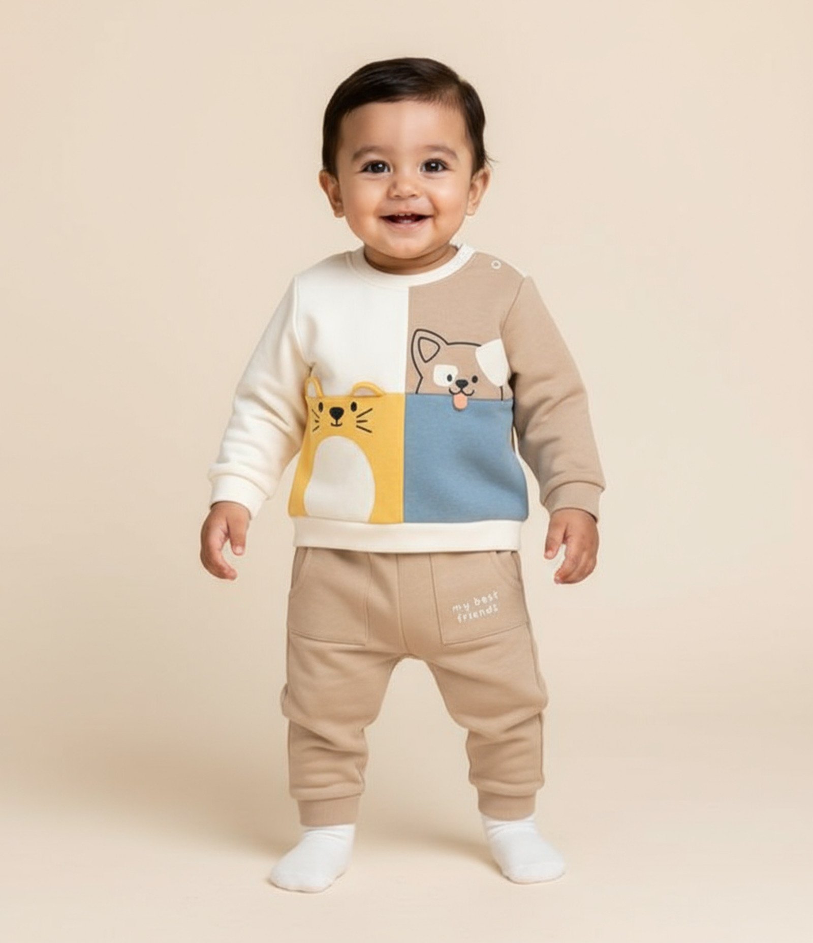 Conjunto Infantil com Recortes e Cara de Bichinhos - Tam 0 a 18 meses Bege/Azul 1