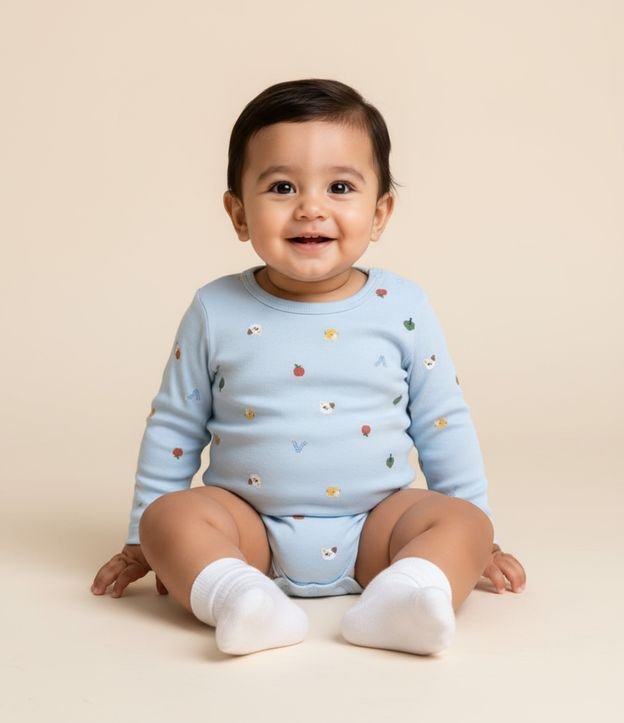 Body Infantil em Algodão com Estampa Mini Ícones - Tam RN a 18 meses