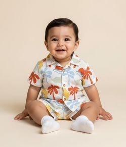 Conjunto Infantil em Tricoline Estampado de Dinossauro e Palmeira - Tam 0 a 18 meses