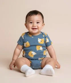Body Infantil com Estampa Cara de Gatinho - Tam RN a 18 meses