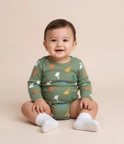 Body Infantil com Estampa de Dinossauro - Tam RN a 18 meses