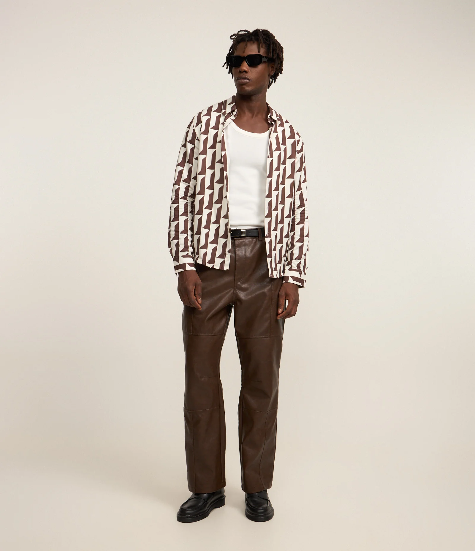 Camisa em Oxford com Estampa Geométrica Branco/Marrom 2