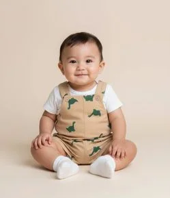 Jardineira Infantil em Sarja com Estampa Dino - Tam 3 a 18 Meses