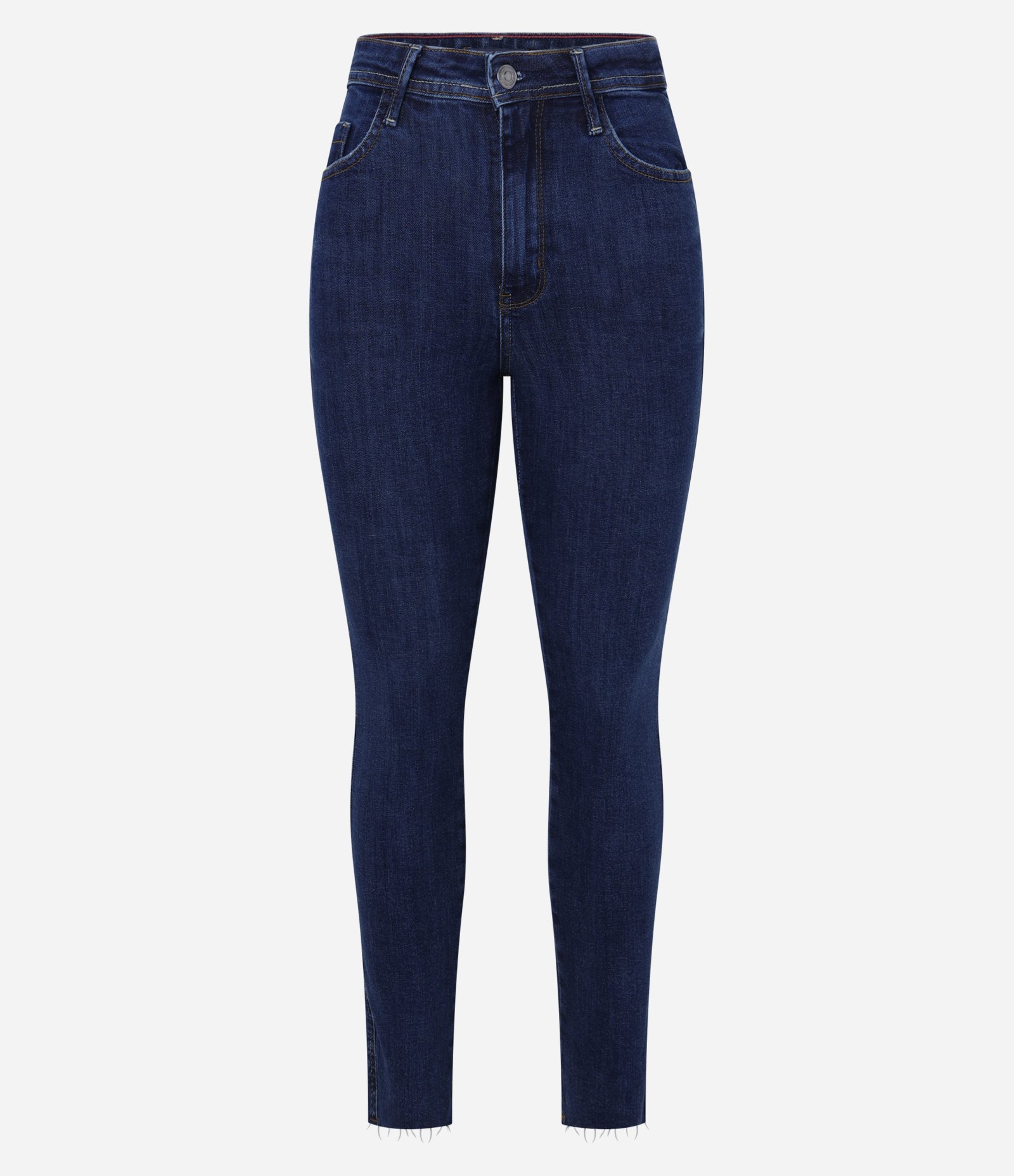 Calça Skinny Cintura Alta em Jeans com Barra Desfiada Azul 1