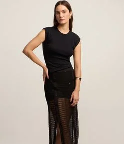 Saia Midi em Efeito Crochê com Paetês e Fendas