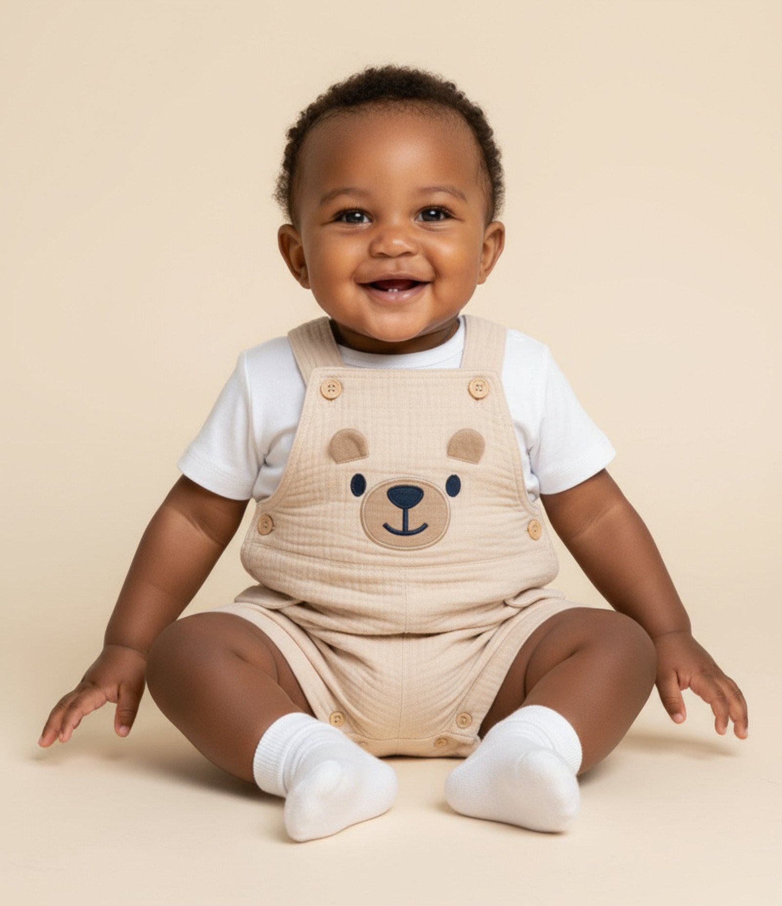 Jardineira Infantil Texturizada com Bordado Urso - Tam 3 a 18 meses Bege 1