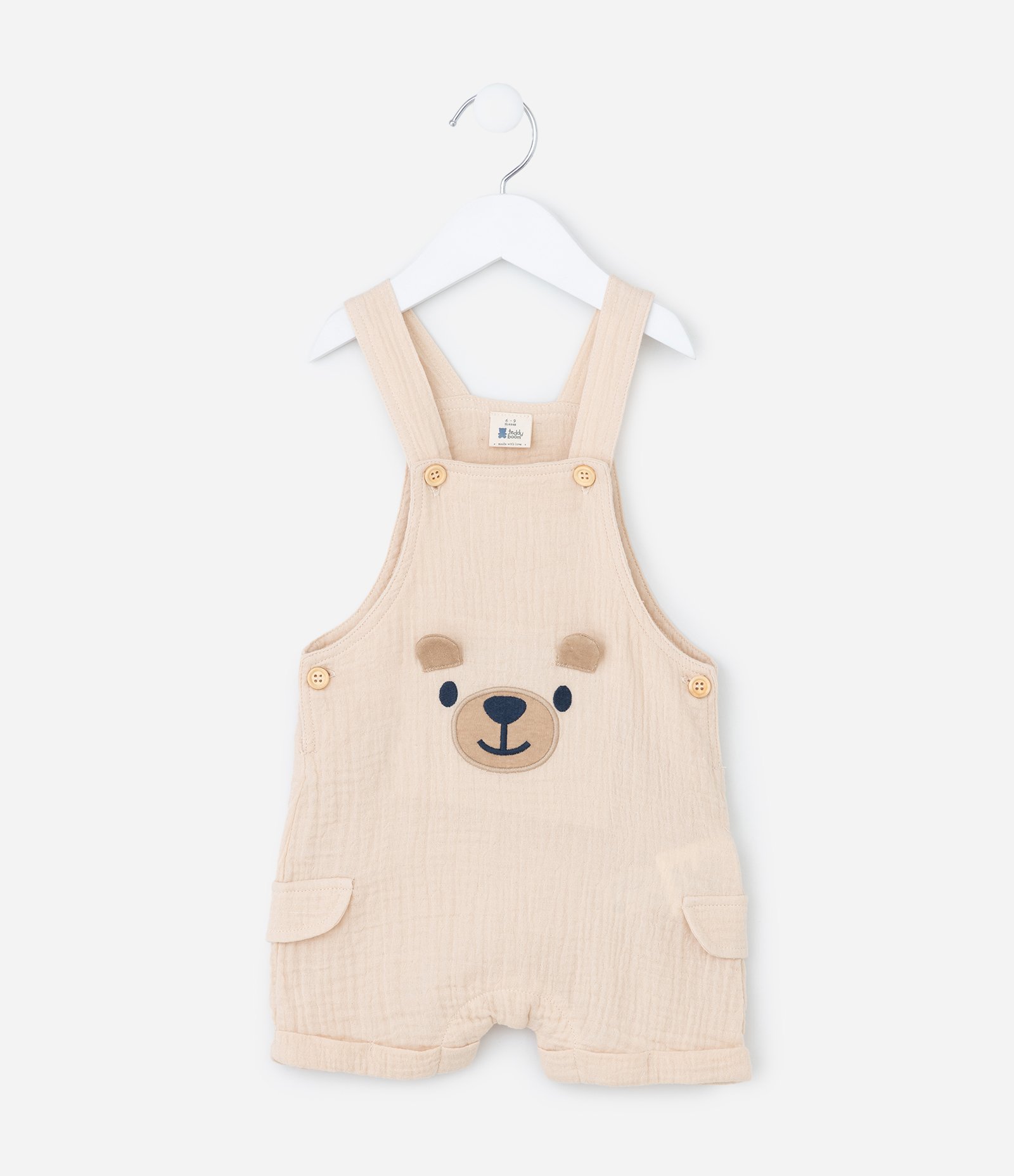 Jardineira Infantil Texturizada com Bordado Urso - Tam 3 a 18 meses Bege 2