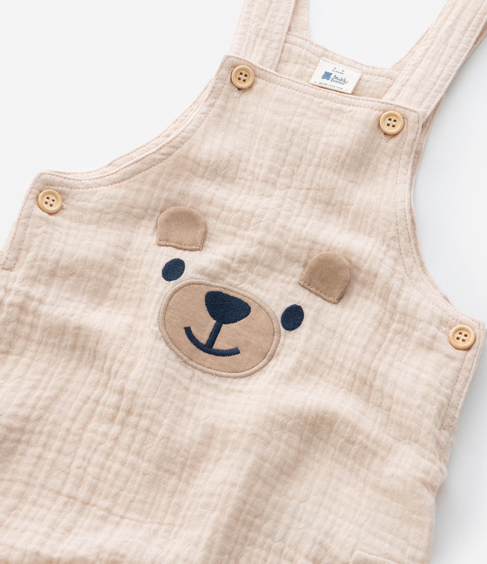 Jardineira Infantil Texturizada com Bordado Urso - Tam 3 a 18 meses Bege 7