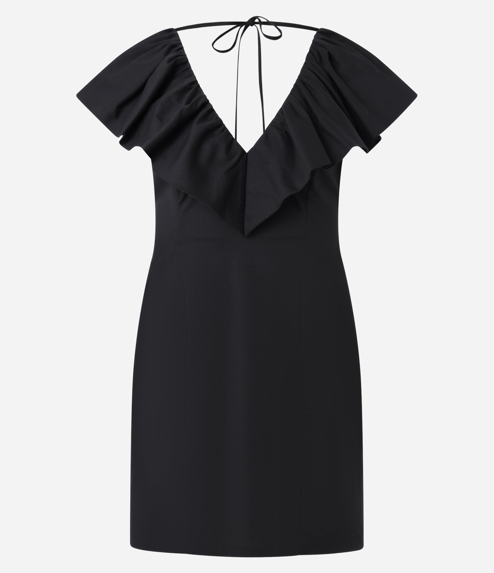 Vestido Curto em Tricoline com Decote V com Babado Preto 5