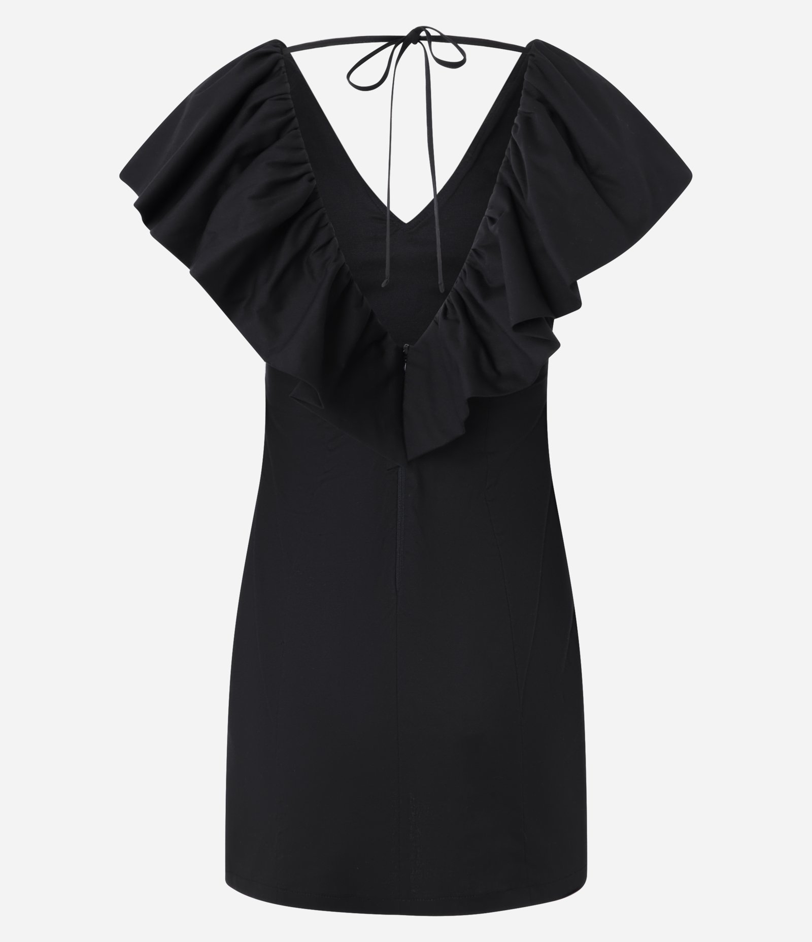 Vestido Curto em Tricoline com Decote V com Babado Preto 6